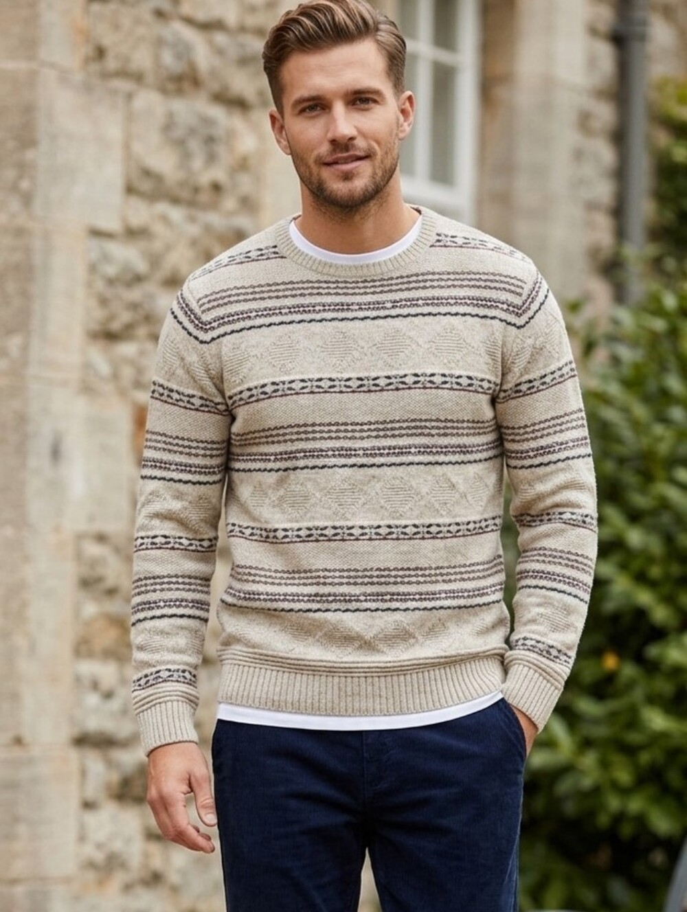 SPRINGFIELD Striped Knit Crewneck Sweater in Grey and Navy Size M